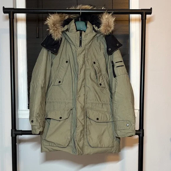 Men's Khaki Duck Down Parka with Fur Hood. - Picture 2 of 4